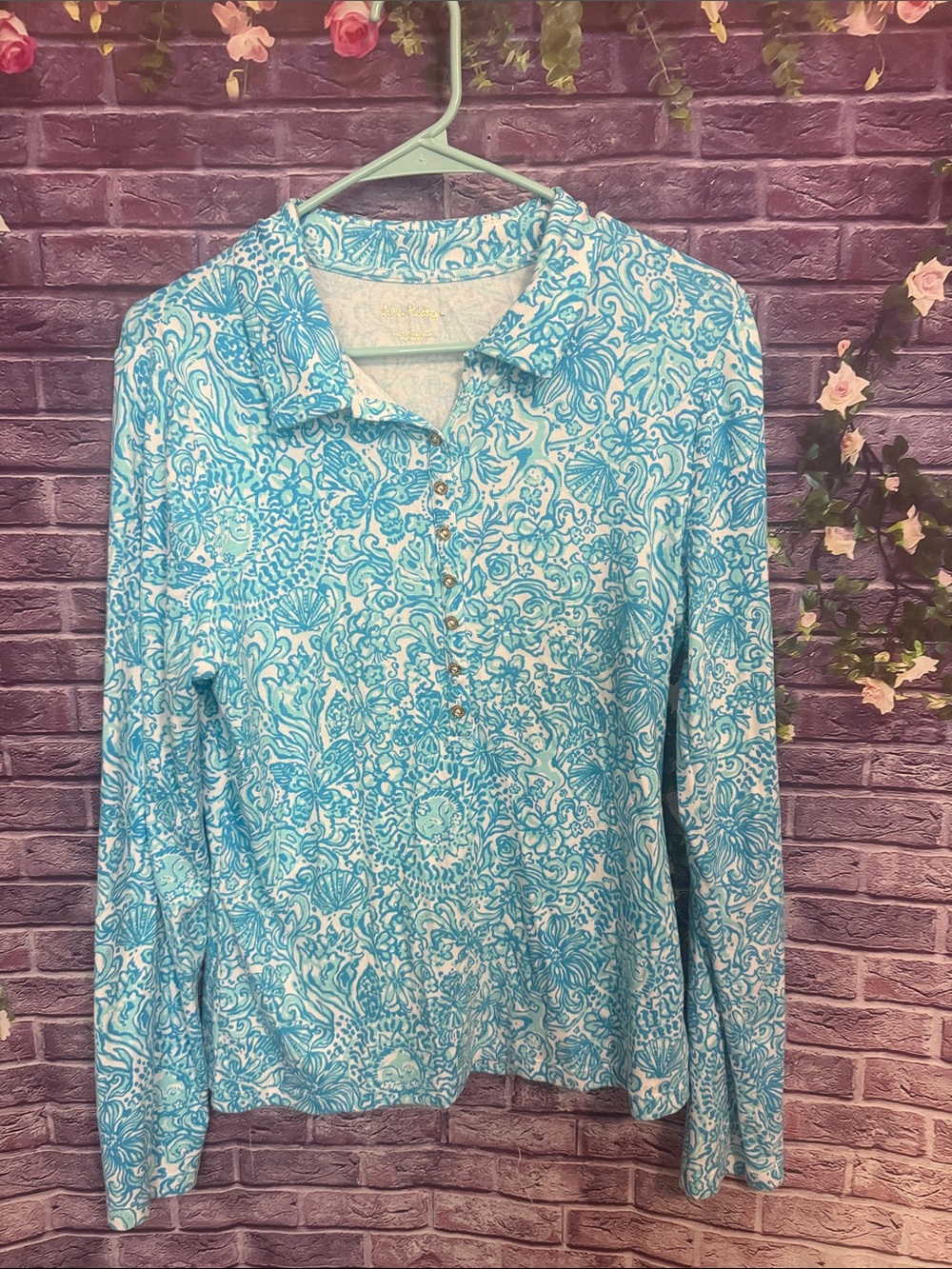 Lilly Pulitzer Turquoise & White nautical Print Long Sleeve top new large summer